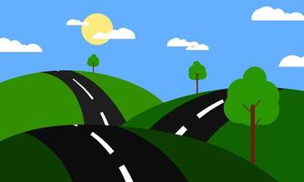 illustration of natural scenery of hills with asphalt roads and sunny weather vector