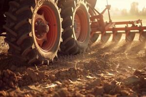 Tractor tilling soil at sunrise on a farm photo
