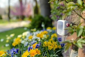 Spring garden with colorful flowers and smart sensor device for home automation photo