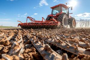 Agricultural machinery plowing a field under a clear blue sky photo
