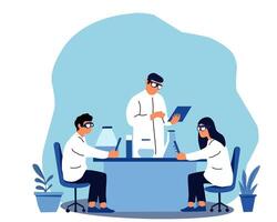 Illustration of a team of scientists conducting experiments in a lab, representing research, teamwork, innovation, and scientific discovery vector