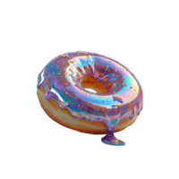 3D chrome element in Y2K style, isolated background, liquid holographic metal. Donut with purple glaze dripping from it, dreamy, ethereal appearance. png