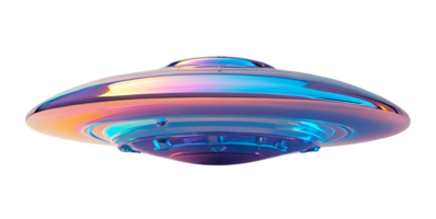3D chrome element in Y2K style, isolated background, liquid holographic metal. A shiny, colorful, and reflective UFO floating in the air, made of a metallic material. png