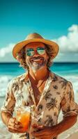 Man with sunglasses enjoying a refreshing drink on a sunny beach under photo