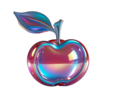 3D chrome element in Y2K style, isolated background, liquid holographic metal. A colorful apple with a green leaf on top, shiny surface. png