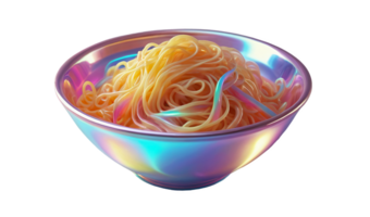 3D chrome element, isolated background, liquid holographic metal. Bowl of noodles with rainbow colors made of shiny material. png