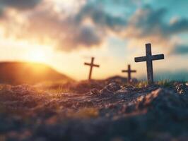 Crosses stand against a serene sunset in a tranquil landscape, symbolizing peace and reflection photo
