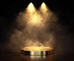 Bright stage with golden spotlight effects illuminating the misty atmosphere in a dark environment at a performance venue photo