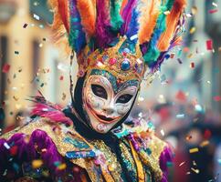 Colorful masquerade participant adorned with feathers and sparkling costume during festive celebration photo