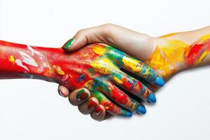 Colorful hands shake in a creative display of friendship and artistic expression during an artistic collaboration event photo