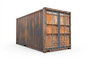Rusty shipping container positioned on a plain background showcasing weathered texture and metallic details photo