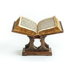 Open Quran on a decorative stand showcasing intricate calligraphy and detailed pages in a minimalistic setting photo