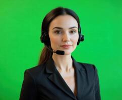 Professional woman wearing headset in front of green background, engaged in virtual communication photo