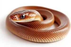 Beautifully patterned snake resting in a relaxed position on a smooth surface under soft lighting photo