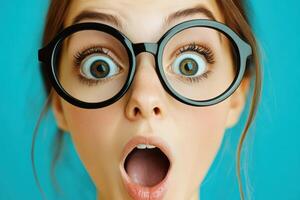 Surprised young woman with large glasses against a bright blue background expressing shock and excitement photo