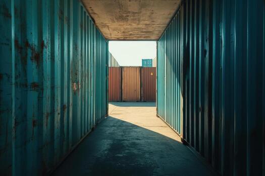 Containers create a corridor revealing shadows and light in an industrial area during late afternoon photo