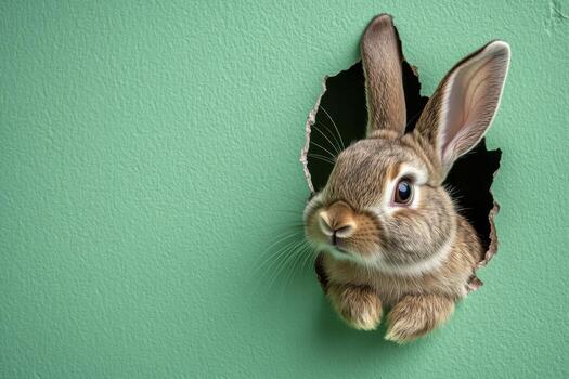 Rabbit peeking through a hole in a green wall, creating a playful and whimsical atmosphere in a room photo