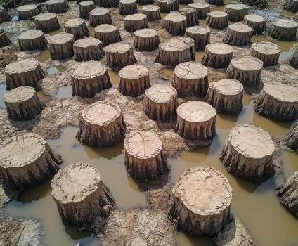 Stumps scattered across a wetland, reflecting the aftermath of deforestation and land degradation in a natural habitat photo