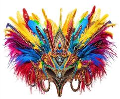 Colorful feathered carnival mask with intricate beadwork showcasing vibrant hues and artistic design photo