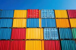 Colorful shipping containers stacked at a port during bright daylight hours photo