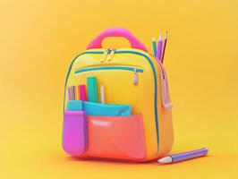 Brightly colored school backpack with stationery on a vibrant background for back-to-school preparations photo