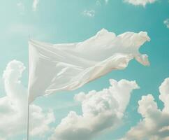 A white flag gently waves against a bright blue sky filled with fluffy clouds in the afternoon sun photo
