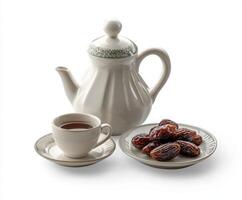 Traditional tea served with dates on a plain white background, highlighting the simplicity of the experience photo