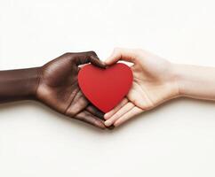 Unity and love represented through diverse hands holding a red heart symbol photo