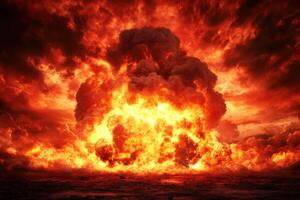 Intense orange explosion fills the sky with fiery clouds at dusk over a darkened landscape photo