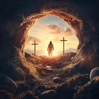Representation of resurrection with a figure in a cave at sunrise near three crosses photo