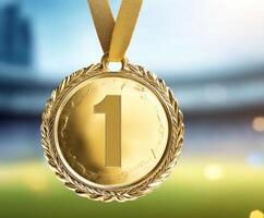 Gold medal hanging on a golden ribbon symbolizes victory in sports events held in a stadium during bright daylight photo