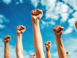 Fists raised in solidarity against a bright blue sky during a peaceful protest advocating for social change and justice photo