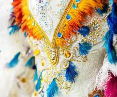 Vibrant traditional outfit showcasing intricate beadwork and colorful feathers at a cultural festival in Mexico photo