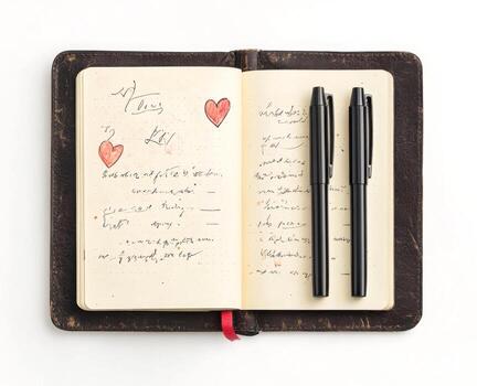 Notebook opened with handwritten notes and sketches of hearts, accompanied by two black pens on a white background photo