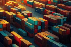 Colorful shipping containers stacked in a busy port at sunset creating a striking visual contrast in the evening light photo