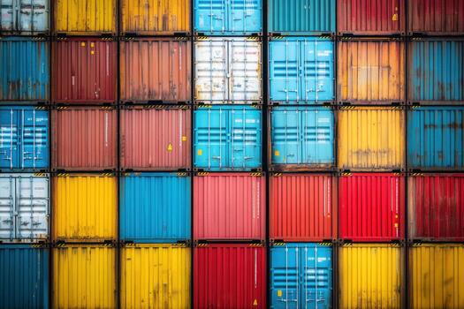 Brightly colored shipping containers arranged in a grid at a port facility during the daytime photo
