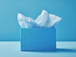 Soft blue tissue box with crumpled tissues on a light blue background for home or office use photo