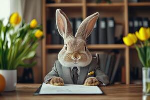 Rabbit dressed in a suit sitting at a desk with flowers and documents in a cozy office setting photo