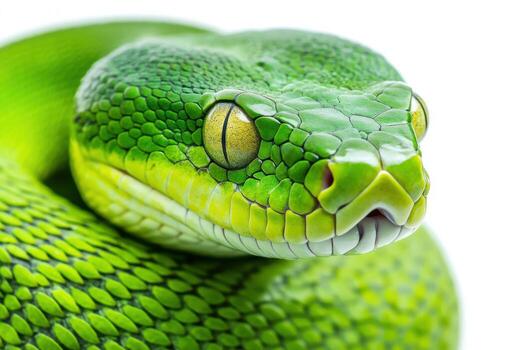 Bright green snake rests comfortably, showcasing vibrant colors and intricate patterns in a natural setting photo