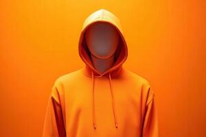 Faceless mannequin wearing orange hoodie against vibrant orange background in modern art setting photo