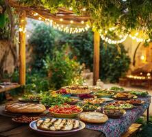 Outdoor dining setup with diverse dishes and warm lights in a garden during evening hours photo