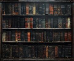Old library shelf filled with antique books showcasing rich history and diverse literature in a dimly lit room photo