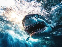 Great white shark swims underwater showcasing its powerful jaws near sunlight reflections photo