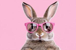 Rabbit wearing pink sunglasses against a pastel pink background exudes a playful and stylish vibe during a fun photoshoot photo
