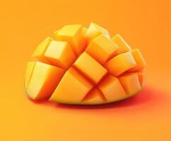 Freshly cut mango pieces arranged on a vibrant orange backdrop showcasing natural colors and textures photo