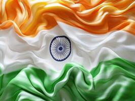 Waving silk representation of the Indian flag showcasing vibrant colors and intricate details under soft lighting photo