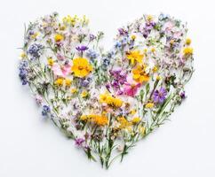 Colorful wildflowers arranged in the shape of a heart on a white surface during daylight photo