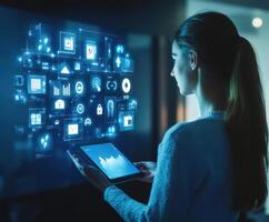 Engaging with digital data visualizations while using a tablet in a modern workspace photo