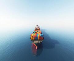 Cargo ship loaded with colorful containers sailing on calm ocean waters during clear sky photo