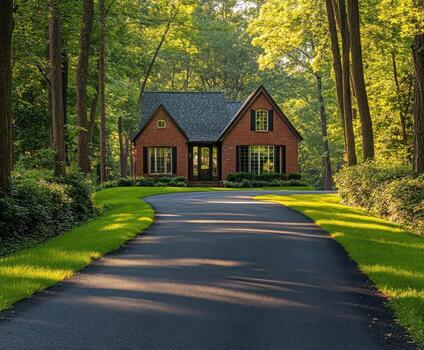 encantador ladrillo casa anidado entre arboles en un devanado entrada de coches en un sereno enselvado ajuste foto